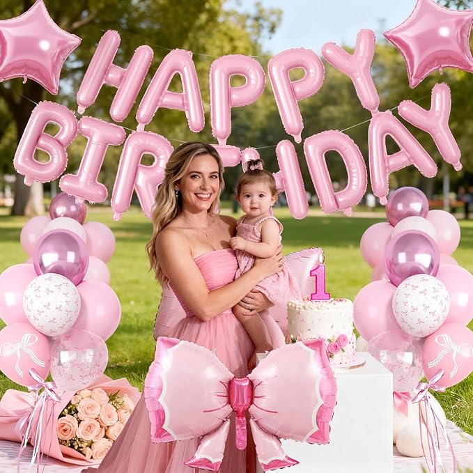29PC Bow Happy Birthday Balloon Banner, 16Inch 3D Aluminum Letter Banner Sign, White Pink Printed Balloon 18 Inch Pink Star Foil Balloons for Bow Birthday Party Decorations