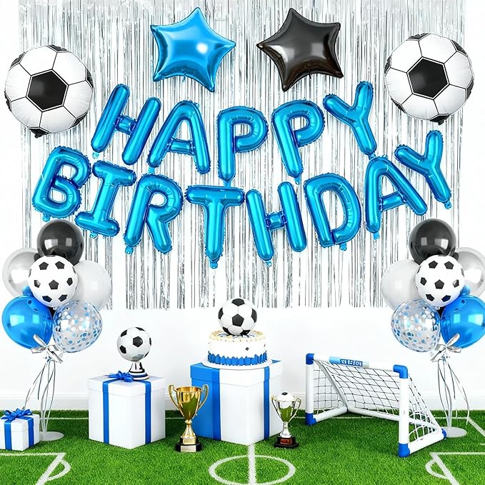 29PC Soccer Happy Birthday Balloon Banner, 16Inch 3D Aluminum Letter Banner Sign, Metallic Blue and Silver Confetti Balloon 18 Inch Black Blue Star Foil Balloons for Soccer Party Decorations