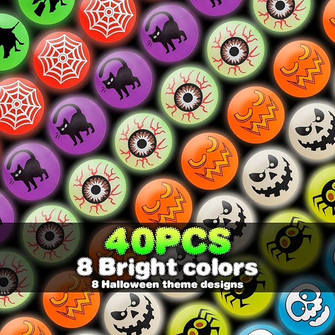 40 Glow in The Dark Bouncing Balls,Halloween Party Favors Supplies ,8 Halloween Theme Designs, Trick or Treating Goodie Bag Filler, School Classroom Game Rewards, Halloween Miniatures (with pouch bag)