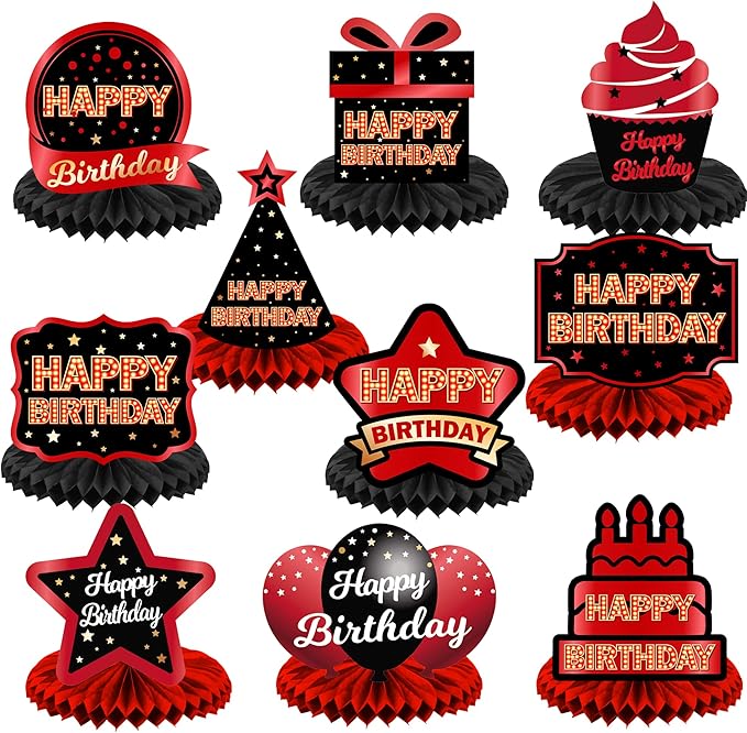 Happy Birthday Red and Black Table Honeycomb Centerpieces Balloons Theme Decor Table Decorations Table Toppers for Women Princess Birthday Party Bday Supplies Background Gold