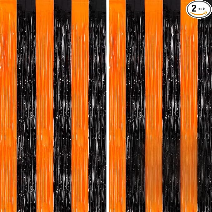 Halloween Photo Backdrop, 2 Pack Orange and Black Party Streamer, Metallic Foil Fringe Curtains Tinsel Backdrop, Halloween Birthday Party Decorations Hanging Decor Indoor, Photo Booth Props Streamers