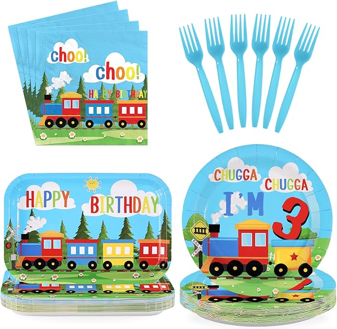 96 Pcs Train 3rd Birthday Party Decorations Chugga Chugga I'm 3 Plates and Napkins Disposable Railroad Transportation Tableware Set for Kids Train Theme 3 Years Old Birthday Party Supplies Serves 24