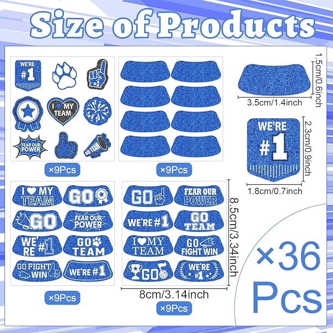 Gameza Blue Face Glitter Eye Black Stickers, 36PCS Football Baseball Eye Stickers, Breathable Softball Sticker Party Favors for Lacrosse Fans, Blue Accessories for Spirit Week (Glitter)