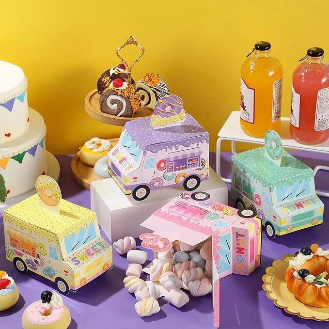 Seajan 24 Pcs Donut Party Favor Boxes - Sweet One Two Truck Treat Goodie Candy Gift Bags for Doughnut Grow Up Theme 1st 2nd Birthday Baby Shower Table Decorations Supplies for Guests