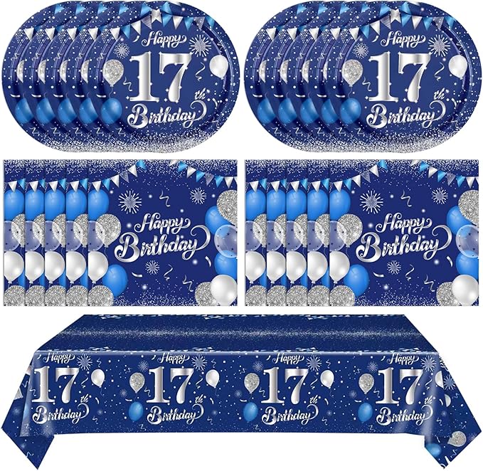 41 PCS 17th Birthday Decorations for Boys Girls Disposable Blue Sliver 17 Year Old Tableware Happy 17th Birthday Dessert Plates Napkins Tablecloth Set for 17 Year Old Teenage Boy Party Supplies