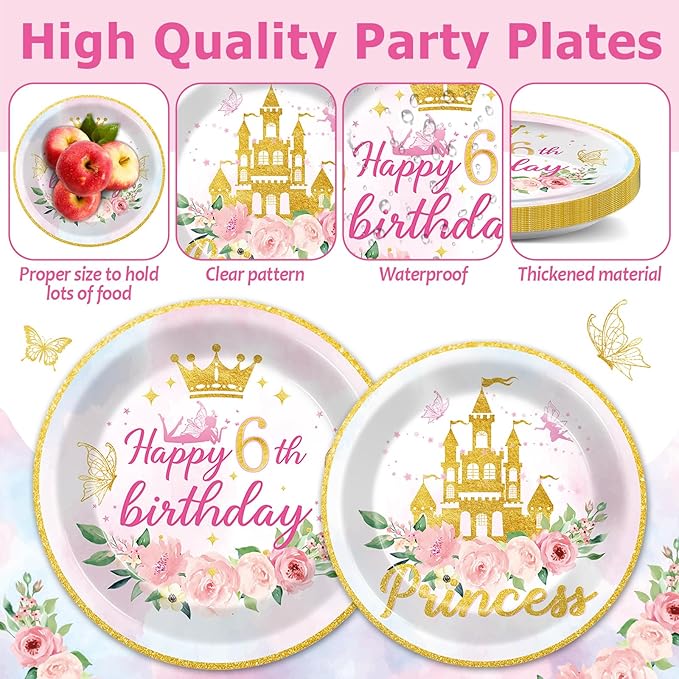 96PCS Princess 6th Birthday Party Plates and Napkins and Forks Set for Princess Party Pastel Castle Dessert Plates Disposable Decor Pink Gold Tableware Set for 6th Theme Party Favors Decorations
