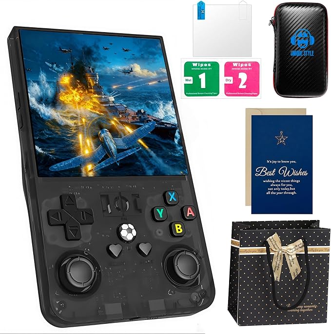 R36Max Retro Handheld Game Console Premium Gift Set (with Star Card & Black Gold Bag),4" IPS Screen,128GB 21000+Games,Portable Handheld Linux System for Adults (Black*128Gb)