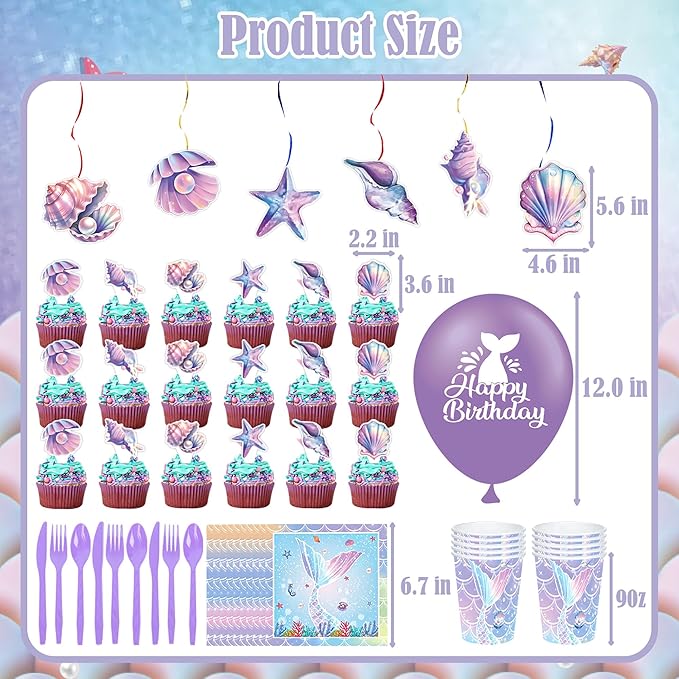 Mermaid Birthday Decorations Party Supplies Include Plates, Napkins, Cups, Cake & Cupcake Toppers, Tablecloth, Banner, Hanging Swirls, Balloons for Girls Mermaid Birthday Party