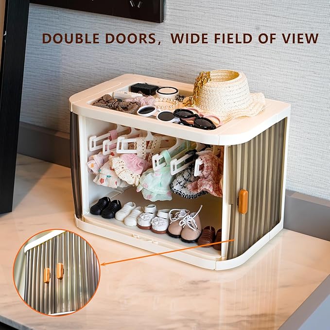 Foldable Doll Wardrobe Compatible with Labubu Clothes, Doll Clothes Closet with 10 Clothing Rack & 1 Rod, Furniture Accessories for Storing 15/17cm Small Outfits with Cover & Display Shelf