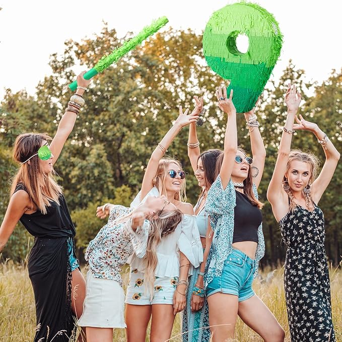 Number Piñata Decorations 16 Inch Gradient Green Piñata with Blindfold Stick and Confetti for Birthday Baby Shower Safari Jungle Themed Party Supplies Centerpiece(Number 9)