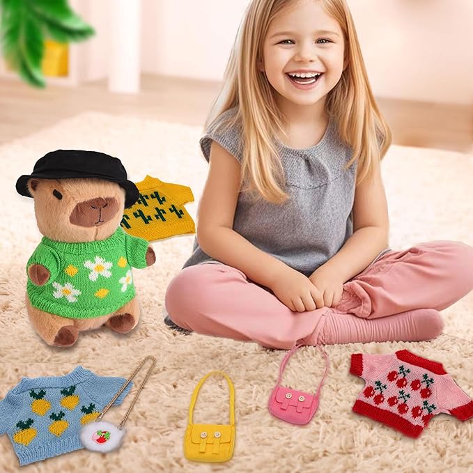 Cute Capybara Plush with 9 pcs Clothes & Accessories, Soft Capybara Stuffed Animal Capybara Plush Toy, Dress Up Kawaii Capybara Plushies Birthday Gifts for Kids Boys Girls 10.2 inch