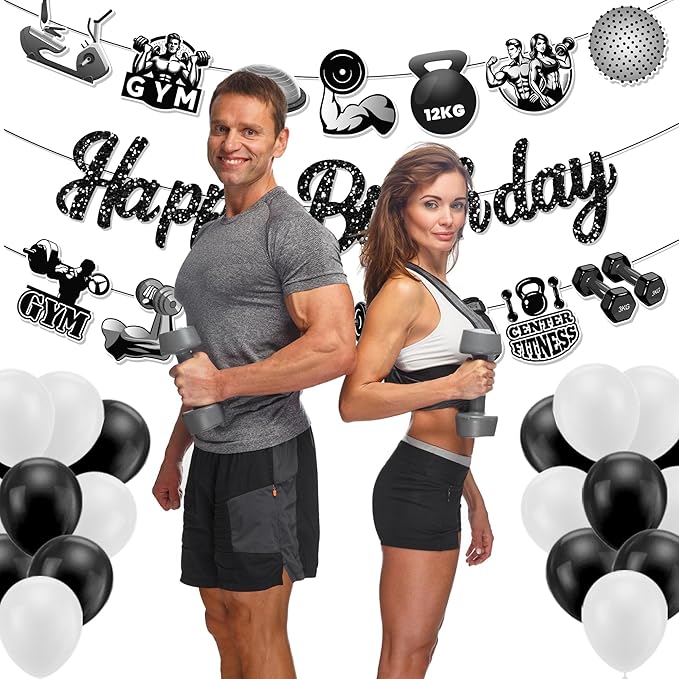 CC HOME 3Pcs Gym Happy Birthday Banner Barbell Boxing gloves Party Hanging Banner Fitness Theme Birthday Bridal Wedding Baby Shower Boys Girls Kids Home Classroom Party Supplies Decorations