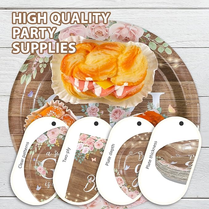 96 Pcs Rustic Girl Baby Shower Decorations Pink Floral Rustic Wood Paper Plates and Napkins A Sweet Little Girl Is on Her Way Tableware Set for Baby Shower Birthday Party Supplies