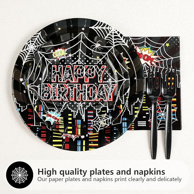 96Pcs Spider 6th Birthday Party Decorations Black Spider 6th Birthday Plates and Napkins Cartoon Super Theme Hero Paper Tableware Set for Boys Kids 6 Year Old Birthday Party Supplies Serves 24