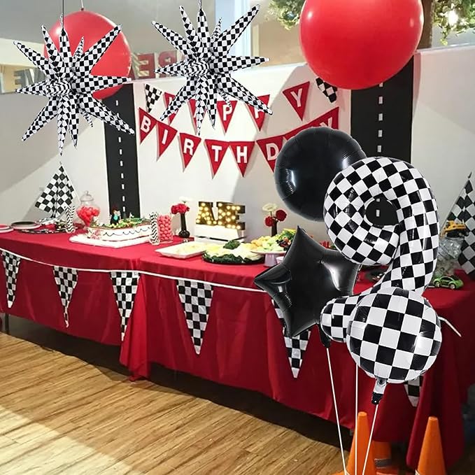 TONIFUL 40 Inch Checkered 9th Birthday Balloons Set Number 9 Race Car Black White Checkered Round Explosion Star Balloons Boys Race Car Themed Birthday Party Decoraction