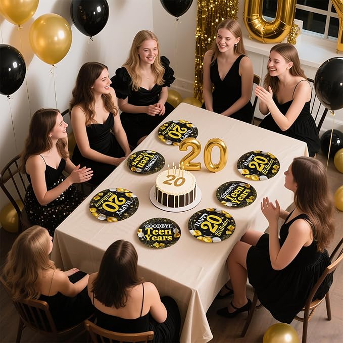 Grencian 96Pcs Happy 20th Birthday Party Supplies Gold and Black Goodbye Teen Years Paper Plates and Napkins Cheers 20 Years Sets for 20 Year Old Teen Girls Theme Party Decoration Serves 24