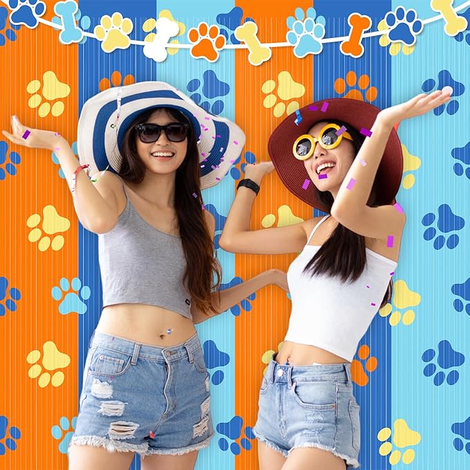 2 Packs Dog Fringe Curtains 3.3 x 6.6 ft Dog Paw Foil Fringe Backdrop Orange Light Blue Tinsel Streamers for Baby Shower Birthday Party Supplies Decorations