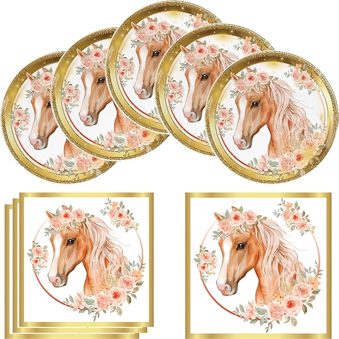 Horse Birthday Party Supplies, 20 Plates and 20 Napkins, Cowgirl Wild Horse Birthday Party Baby Shower Decorations Supplies Paper Plates Napkins for Girls Kids 20 Guests