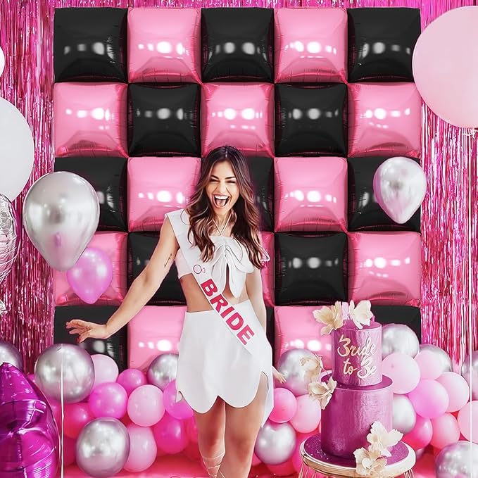 Pink Black Square Foil Balloon Wall,25Pcs Double Sided Foil Balloons Backdrop Helium Polyester Tunnel Arch Garland Kit for Birthday Bridal Anniversary Baby Shower Party Decorations