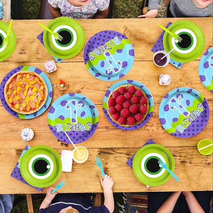 96Pcs Monster Birthday Party Supplies 1st Monster Theme Party Plates and Napkins Disposable Green and Purple Cartoon Tableware Set for Kids 1st Birthday Baby Shower Decorations Serves 24