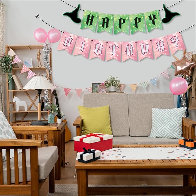 OHOME Witch Party Decorations - Pink and Green Happy Birthday Banner for Halloween Birthday Party Decorations Supplies | Witch Themed Decor Backdrop Photo Booth Props
