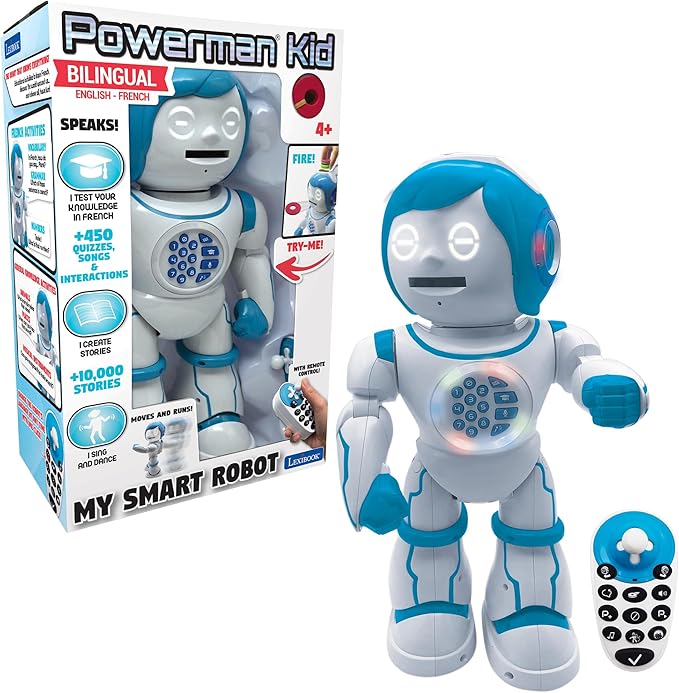 LEXiBOOK Powerman Kid- Educational and Bilingual English/Spanish Robot - Walking Talking Dancing Toy - STEM Programmable Creating Stories - Quizzes Shooting Discs- ROB90EN