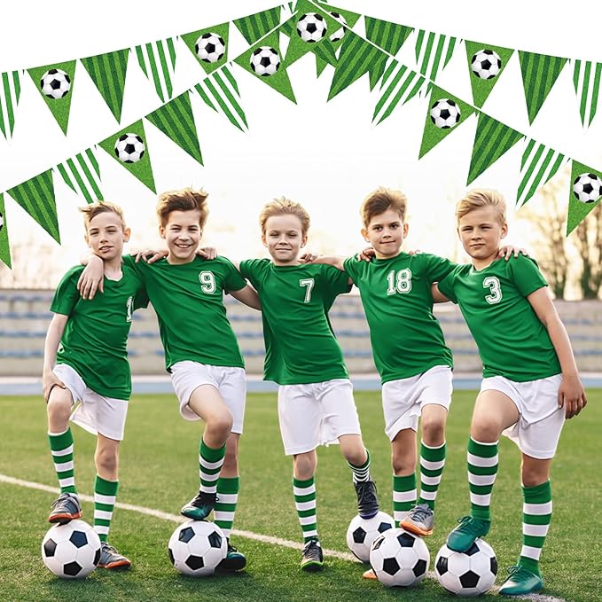 Faccito 5 Pack Green Soccer Banners Soccer Party Decorations Sports Champion Paper Pennants Green Hanging Triangle Flags Garland Bunting for Sports Game Fans Outdoor Indoor Birthday Party Supplies