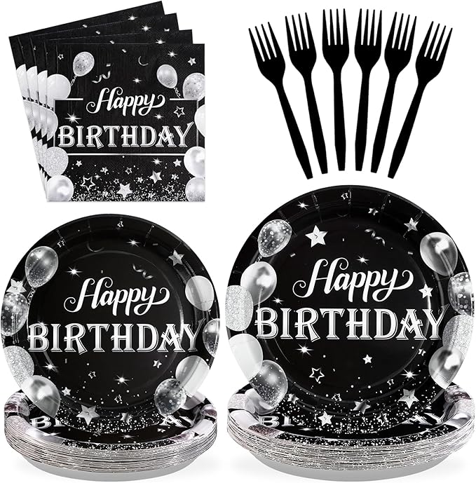 96Pcs Black and Silver Birthday Party Supplies Black and Silver Plates Disposable 350GSM Black White Tableware Set Black Birthday Party Decorations for Men Women Glitter Birthday Party Favor,Serve 24
