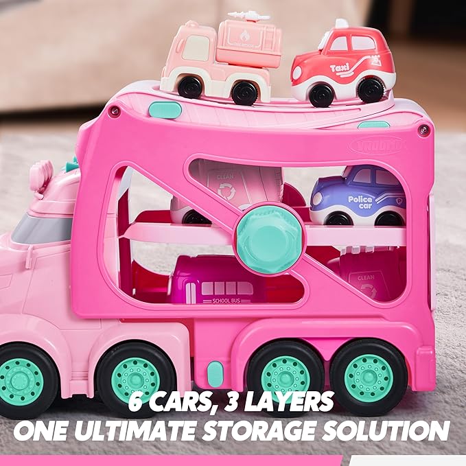 JOVA Extra Large Toy Trucks for Toddlers, 3-Layer Princess Pink Trucks for Girls, 7-in-1 Big Carrier Truck with Siren & Lights and 6 Toy Cars, Birthday Gifts for Girls