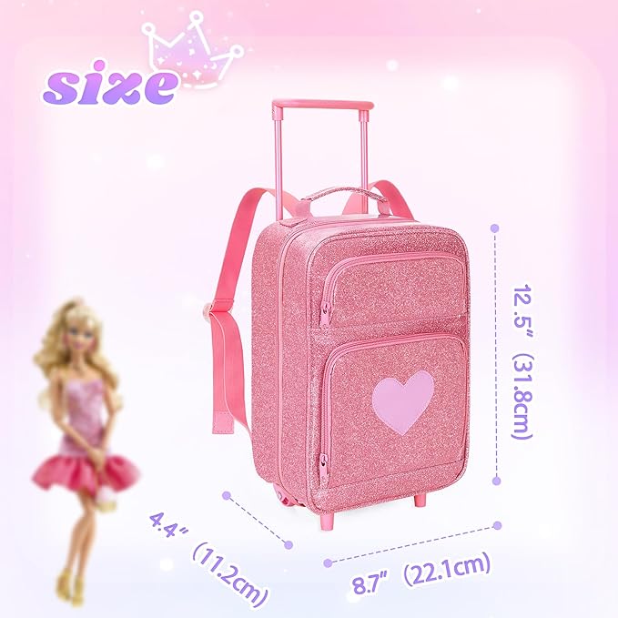 LoDrid Travel Backpack Compatible with Barbie Dolls 12-inch, Doll Carrying Case with Wheels, Suitcase Storage Organizer with Multiple Pockets for Doll Clothes and Accessories, Pink, Bag Only