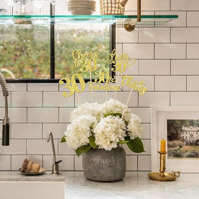 15PCS Happy 30th Birthday Centerpiece Sticks Hello 30 Fabulous Table Flower Centerpieces Sticks Thirty Cheers to 30 Years Floral Decoration for Happy 30th Birthday Party Centerpieces Sticks Gold