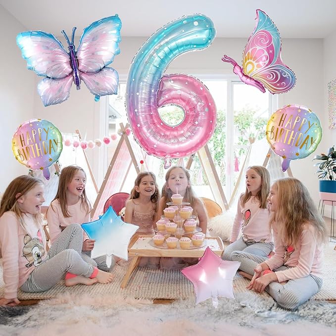 Butterfly Balloons - 6th Birthday Decorations for Girls, Gradient Pink Colorful Foil Balloons, Giant Number 6 Mylar Balloon, Butterfly Theme Party Supplies