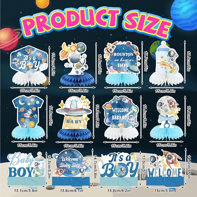 12 Pcs Outer Space Baby Boy Shower Decorations Welcome It's a Boy Baby Shower Honeycomb Centerpieces Blue Astronaut Rocket Bottle Planet Table Topper Table Decoration for Birthday Party Favors