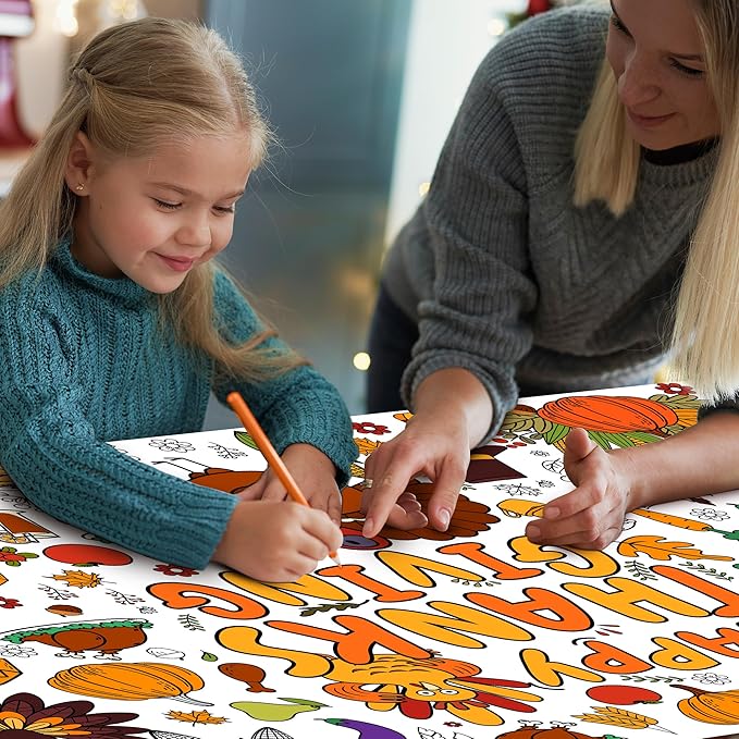 OHOME Thanksgiving Giant Coloring Poster/Tablecloth-Thanksgiving Crafts for Kids-30 x 72 Inches Jumbo Paper Coloring Banner Games Activities Essentials for Kids Gifts - Thanks Giving Decorations Decor