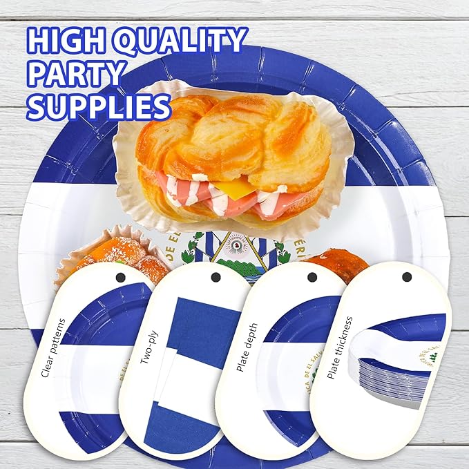 96Pcs El Salvador Flags Party Supplies Salvadoran Flag Plates and Napkins Blue white Flag Tableware Set for National Sports Events Patriotic Festival Birthday Party Supplies，Serves 24