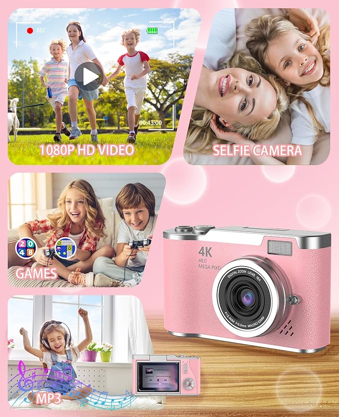 Kids Camera,4K Digital Camera for Photography,48MP 1080P HD Video Selfie Camera,with 180° Flip Screen Flash,with 32GB SD Card,for Starter Kid Children Teen Student Girl Boy(Pink)