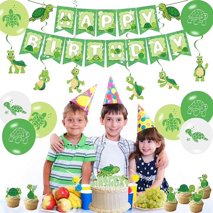 Cute Turtle Party Supplies - Birthday Banner, Hanging Swirls, Green Turtle Baby Cake Toppers, Balloons for Kids Animal Theme Baby Shower, Birthday Party Decors