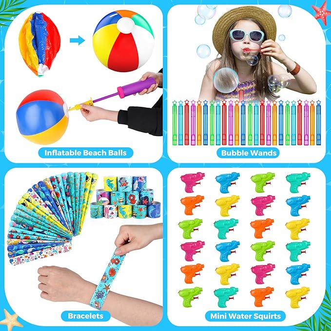 Pool Party Favors and Beach Party Favors - 120 PCS Party Bag Stuffers for Kids Including Beach Balls, Kids Sunglasses Bulk, Bubble Wands, and More for Beach Pool Party Favors, Birthday Party Supplies