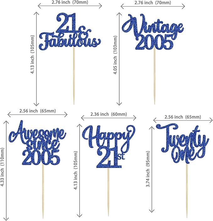Ephlyn 30Pcs Happy 21st Birthday Cupcake Toppers Glitter Twenty-one 21 Fabulous Vintage 2005 Cupcake Picks for 21st Birthday Anniversary Retirement Party Cake Decorations Supplies Dark Blue