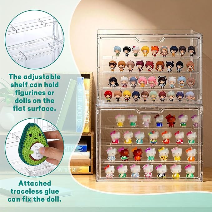 2 Pack Acrylic Display Case, 4 Tier Clear Display Case with Magnetic Door and 3 Adjustable Divider, Stackable Large Figure Display Case for Collectibles Action Figures
