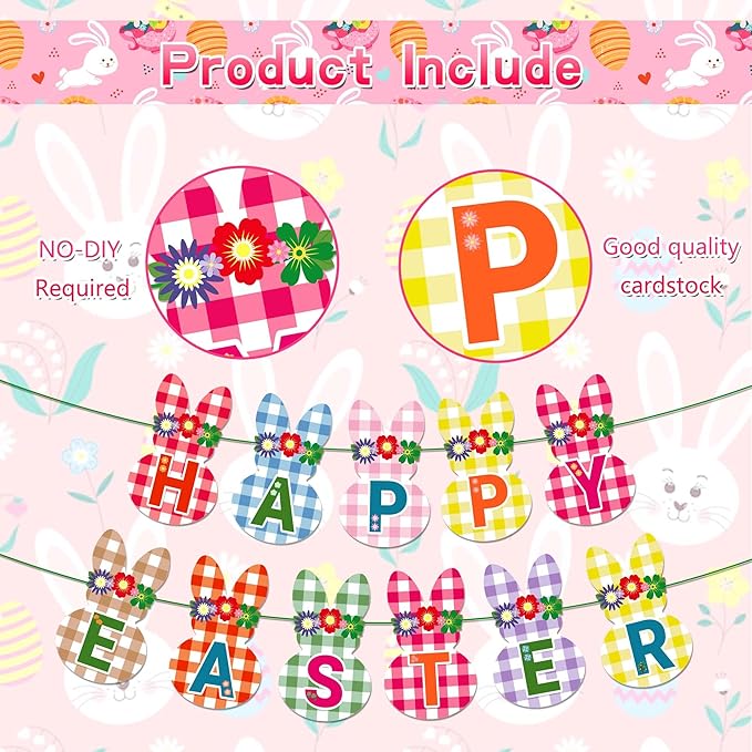 CC HOME Happy Easter Checkered Rabbit Banner Colorful Checkered Party Hanging Banner Easter Theme Birthday Bridal Wedding Baby Shower Boys Girls Kids Home Classroom Party Supplies Decoration