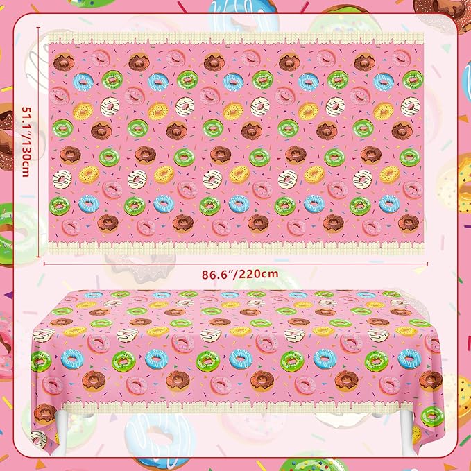 4 Pack Donut Party Tablecloth Sprinkle Donut Theme Party Decorations Pink Ice Cream Table Cloth Doughnut Table Covers for Baby Shower Afternoon Tea Ice Cream Birthday Supplies 51 x 86 in