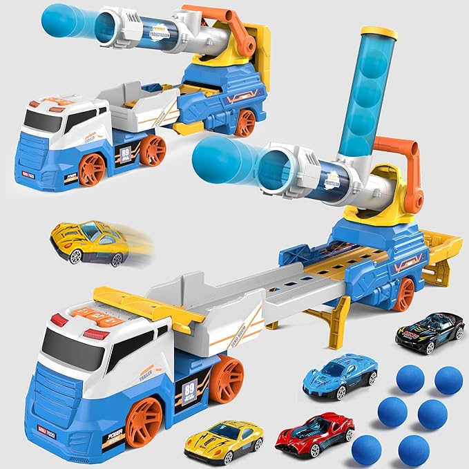 Dwi Dowellin Truck Toys Kids Toys, 28"Carrie Truck Race Track Car Toys Include 4 Race Cars+6 Soft Balls, Light&Sound, Eejection&Shooting Transport Trucks Toy, Xmas Gifts for Toddlers 3+ Year Old-Blue