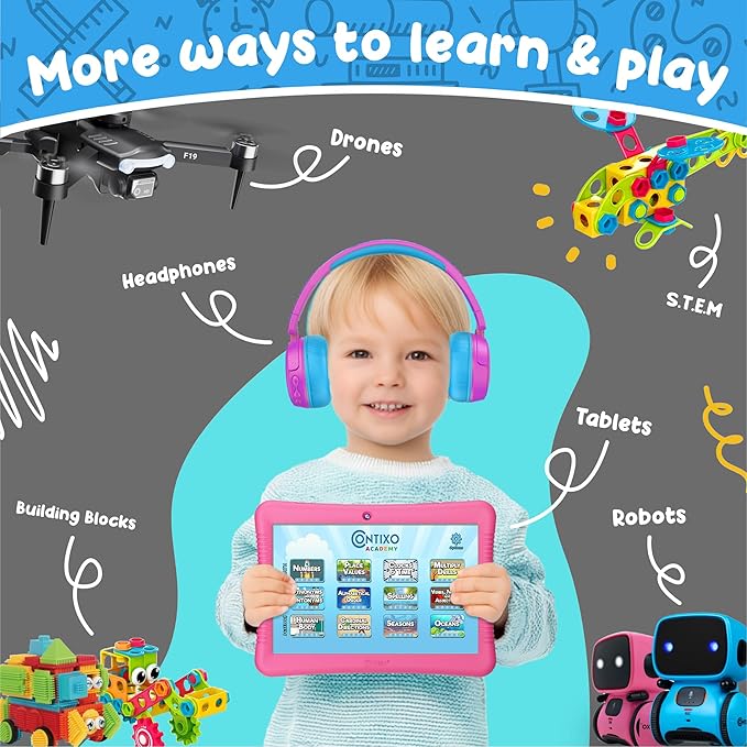 Contixo 10" Android Kids Tablet Bundle - 32GB, Epic! & Lingokids Educational Apps, Parental Controls, Kid-Proof Case w/Kickstand & Stylus, Headphones & Sleeve Bag - Pink