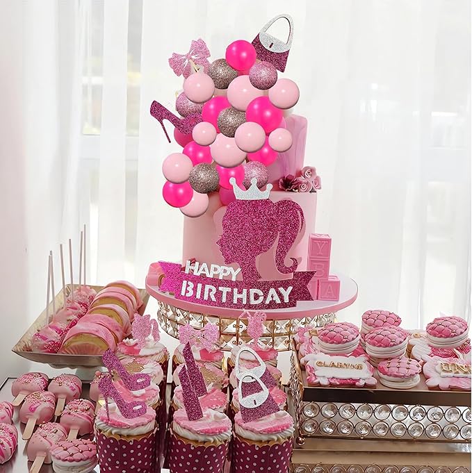 Hot Pink Girl Princess Cake Decorations - Glitter Happy Birthday Cake Topper with 20 Balls for Cake Decorating & 12 Girls Cupcake Toppers, Perfect Birthday Baby Shower Party Supplies for Barbie Fans