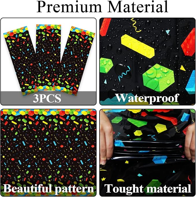 chiazllta 3 Pcs Building Blocks Tablecloth 105 x 54 inches - Building Blocks Theme Party Decorations Disposable Plastic Table Cover for Children Kids Birthday Party Decor Supplies Favors (Black)