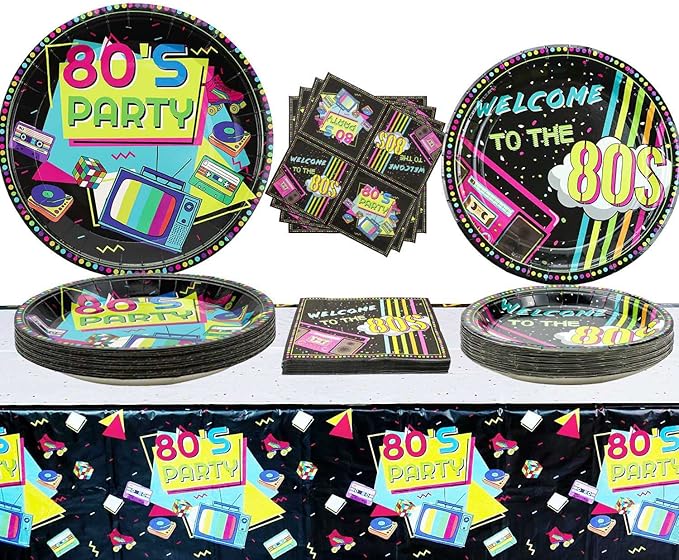 80s Party Supplies - 122 Pcs Plates, Napkins, Tablecloth Set for Back to the 80s Party Decorations - Serves 40