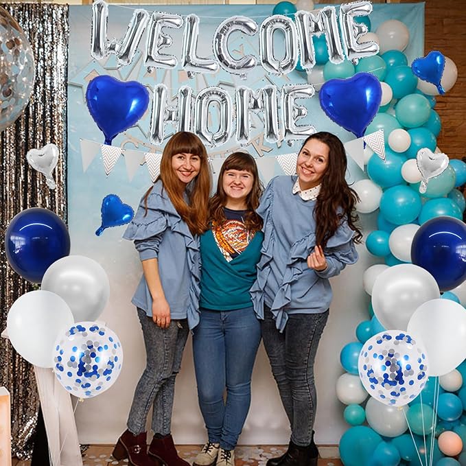 TONIFUL Welcome Home Decorations,16 Inch Silver Welcome Home Foil Balloon Banner Blue Silver Confetti Balloons Pennant Flag Bunting for Homecoming Party House Warming Party Family Gathering Supplies