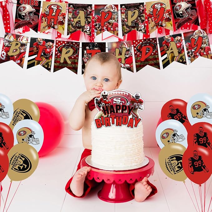 49ers Party Decorations,San Francisco Birthday Party Supplies Includes Banner- Cake Topper - 24 Cupcake Toppers - 18 Balloons