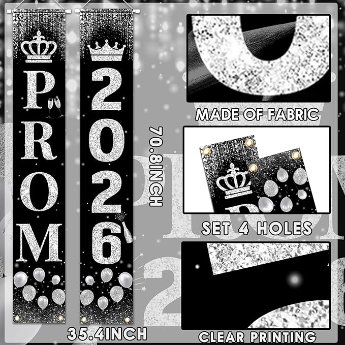 Prom Send Off Decorations 2026 Porch Sign, Black and Silver Prom Banner for Door 2026 Prom Decorations Door Banner Prom Party Decorations for High School College Graduation Prom Party Supplies